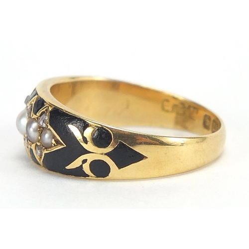 31 - Antique 18ct gold, pearl, diamond and black enamel mourning ring, Chester 1904, size N, 3.6g