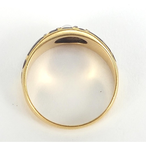 31 - Antique 18ct gold, pearl, diamond and black enamel mourning ring, Chester 1904, size N, 3.6g