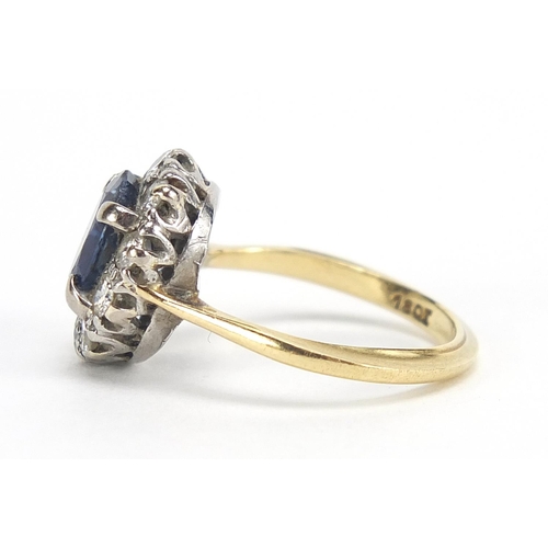 291 - 18ct gold sapphire and diamond ring, the sapphire approximately 8.5mm x 6.8mm, the diamonds approxim... 