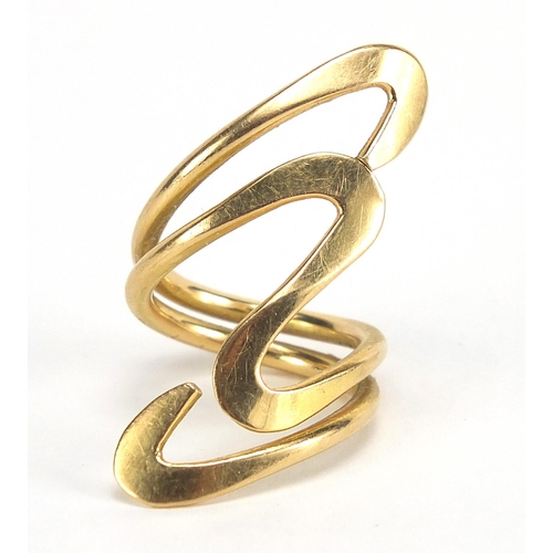 358 - Modernist 18ct gold ring, size L, 9.3g