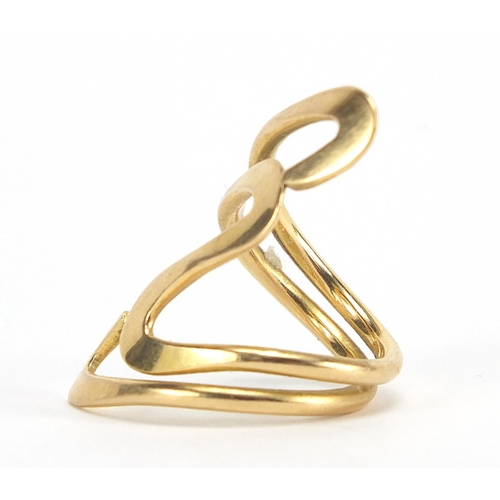 358 - Modernist 18ct gold ring, size L, 9.3g