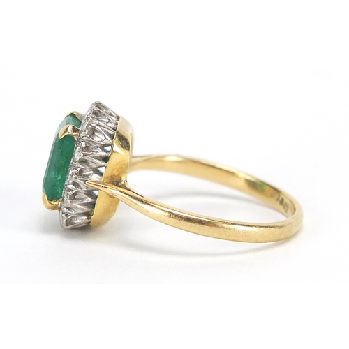 93 - 18ct gold emerald and diamond ring, the emerald approximately 8mm x 7mm, the diamonds approximately ... 