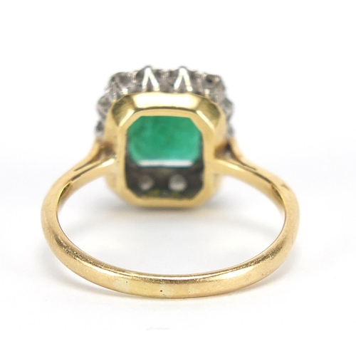 93 - 18ct gold emerald and diamond ring, the emerald approximately 8mm x 7mm, the diamonds approximately ... 