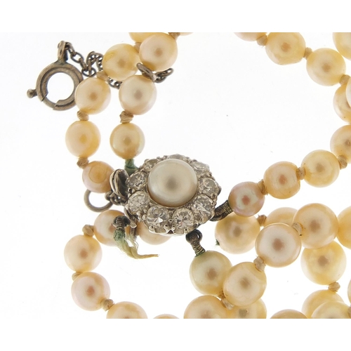 198 - Three row graduated pearl necklace with diamond clasp, the largest pearl approximately 8mm in diamet... 