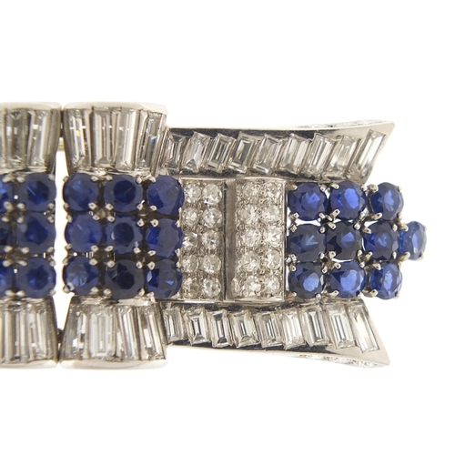 43 - Good Art Deco diamond and sapphire three piece scarf clip brooch, A & M maker's mark, 6cm wide, 32.0... 