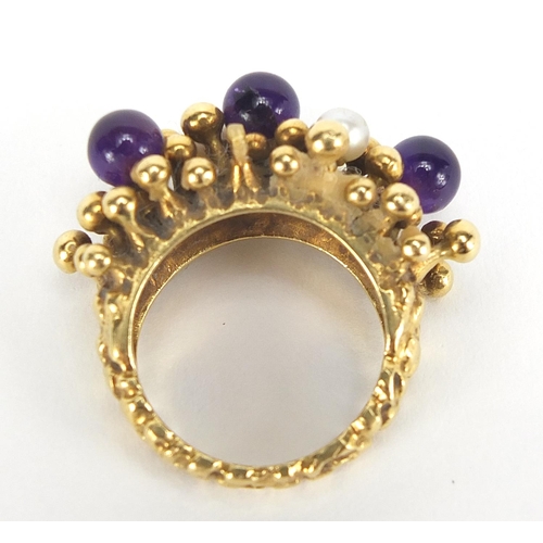20 - Stuart Devlin, 18ct gold amethyst and pearl ring, size L, 15.7g