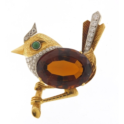 13 - Unmarked gold and citrine bird on a branch brooch set with diamonds and turquoise, 5cm high, 25.2g