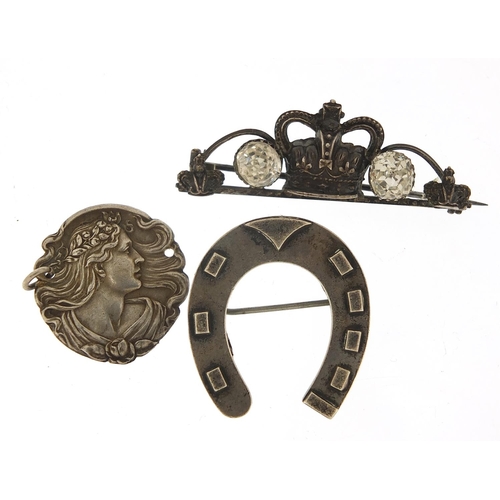 2801 - Silver jewellery comprising Victorian horseshoe brooch, coronation brooch and Art Nouveau pendant, t... 