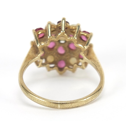 398 - 9ct gold opal and ruby three tier cluster ring, size O, 3.6g