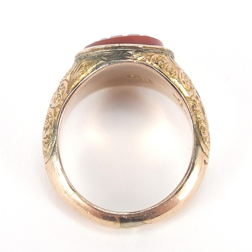 64 - Victorian 9ct gold carnelian cameo seal ring with floral engraved shoulders, London 1862, size M/N, ... 