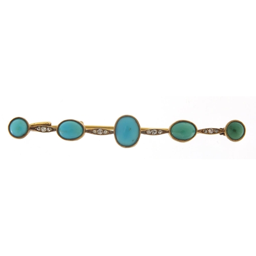 84 - Antique unmarked gold cabochon turquoise and diamond bar brooch, 6.5cm wide, 4.2g