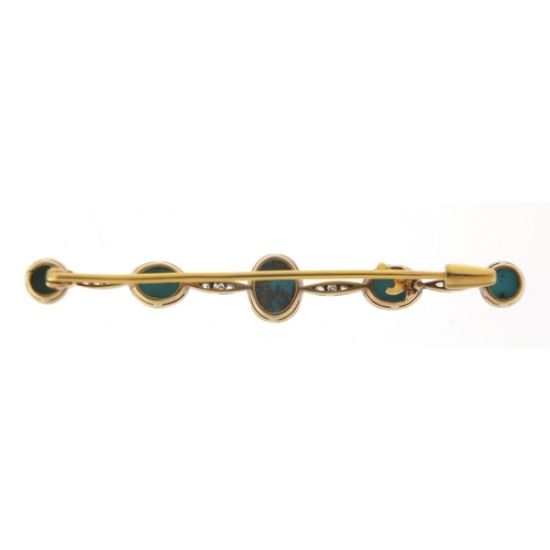 84 - Antique unmarked gold cabochon turquoise and diamond bar brooch, 6.5cm wide, 4.2g