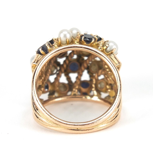 393 - Nu-Nu, 14ct gold sapphire and pearl pierced ring, size J, 8.3g