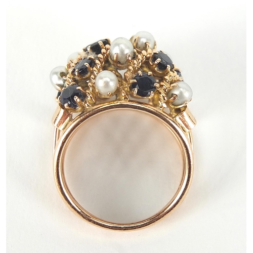 393 - Nu-Nu, 14ct gold sapphire and pearl pierced ring, size J, 8.3g