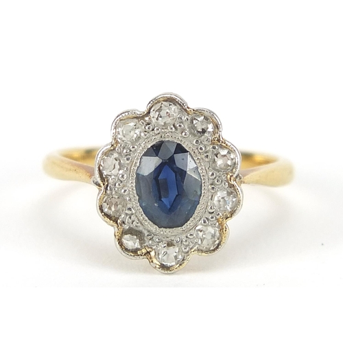 66 - 18ct gold and platinum sapphire and diamond ring, size I, 2.3g