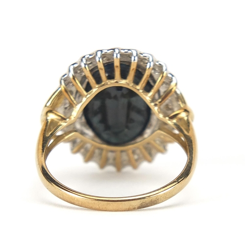 341 - Large 9ct gold sapphire and diamond ring, the sapphire approximately 14mm x 11mm, size P, 5.0g