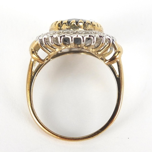 341 - Large 9ct gold sapphire and diamond ring, the sapphire approximately 14mm x 11mm, size P, 5.0g