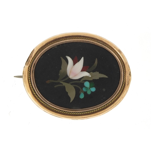 388 - Victorian gold coloured metal pietra dura brooch, 3.5cm wide, 7.6g