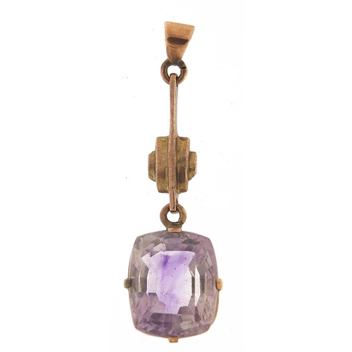 39 - Art Deco unmarked gold purple stone pendant, 3.5cm high, 2.8g