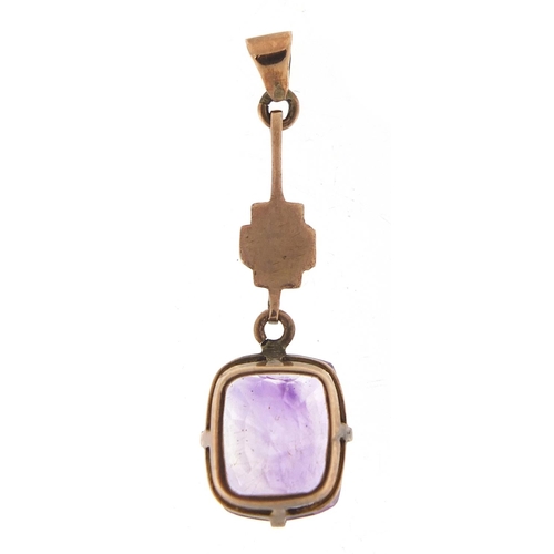 39 - Art Deco unmarked gold purple stone pendant, 3.5cm high, 2.8g