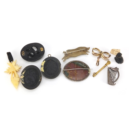 2804 - Antique and later jewellery including vulcanite locket, silver Scottish agate harp brooch,  brass le... 