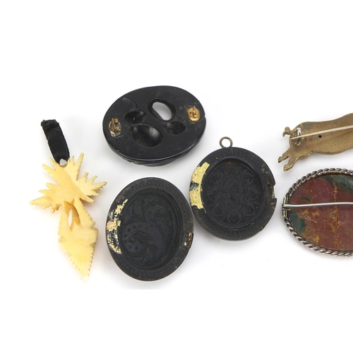 2804 - Antique and later jewellery including vulcanite locket, silver Scottish agate harp brooch,  brass le... 