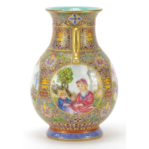 795 - Good Chinese porcelain vase with twin handles finely hand painted in the famille rose palette in the... 