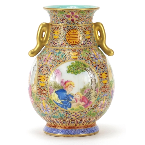 795 - Good Chinese porcelain vase with twin handles finely hand painted in the famille rose palette in the... 