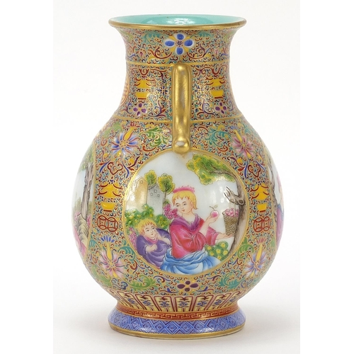 795 - Good Chinese porcelain vase with twin handles finely hand painted in the famille rose palette in the... 