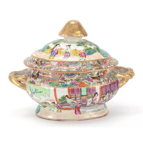 593 - Chinese Canton porcelain sauce tureen and cover with twin handles hand painted in the famille rose p... 