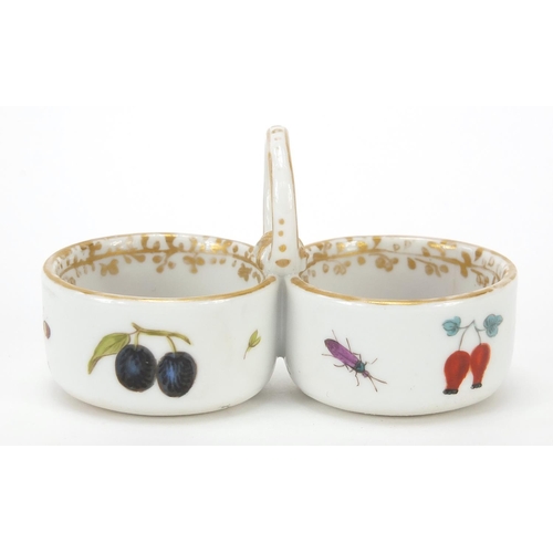 689 - Meissen, German porcelain twin divisional salt hand painted with fruit, blue crossed sword marks to ... 