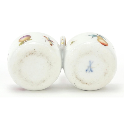 689 - Meissen, German porcelain twin divisional salt hand painted with fruit, blue crossed sword marks to ... 