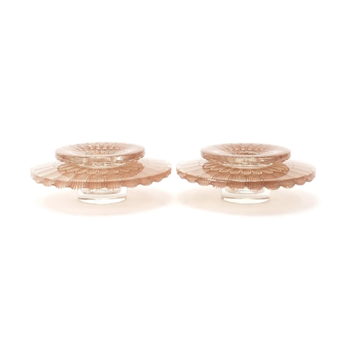 731 - Rene Lalique, pair of French frosted and clear glass two section dahlia candle holders, each signed ... 