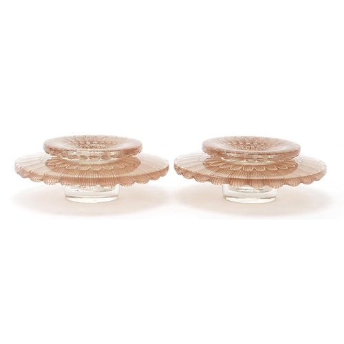 731 - Rene Lalique, pair of French frosted and clear glass two section dahlia candle holders, each signed ... 