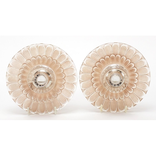 731 - Rene Lalique, pair of French frosted and clear glass two section dahlia candle holders, each signed ... 