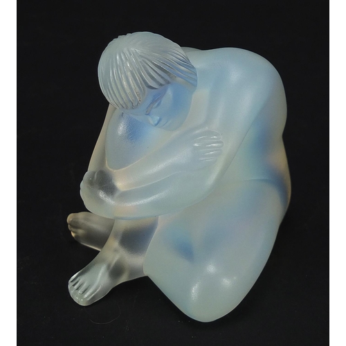 735 - Lalique, French opalescent glass Nu Sage paperweight with box, etched Lalique France, 7.5cm high