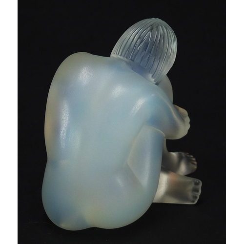 735 - Lalique, French opalescent glass Nu Sage paperweight with box, etched Lalique France, 7.5cm high