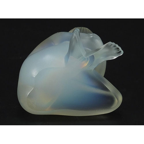 735 - Lalique, French opalescent glass Nu Sage paperweight with box, etched Lalique France, 7.5cm high