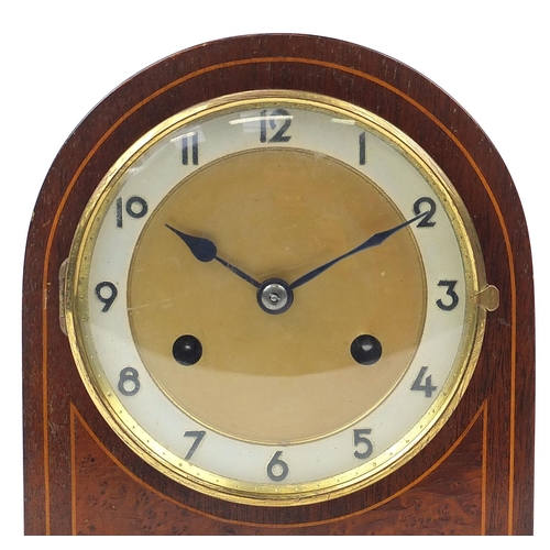 647 - Edwardian inlaid mahogany and amboyna dome top mantle clock striking on a gong, 26cm high