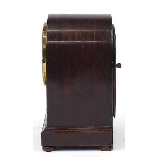 647 - Edwardian inlaid mahogany and amboyna dome top mantle clock striking on a gong, 26cm high