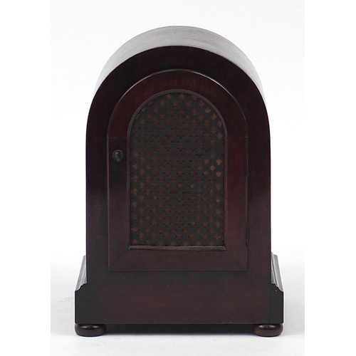 647 - Edwardian inlaid mahogany and amboyna dome top mantle clock striking on a gong, 26cm high