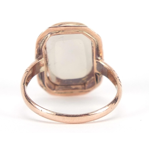 77 - Georgian style 9ct rose gold intaglio seal ring carved with Depechez Vous crest, housed in an Alexan... 