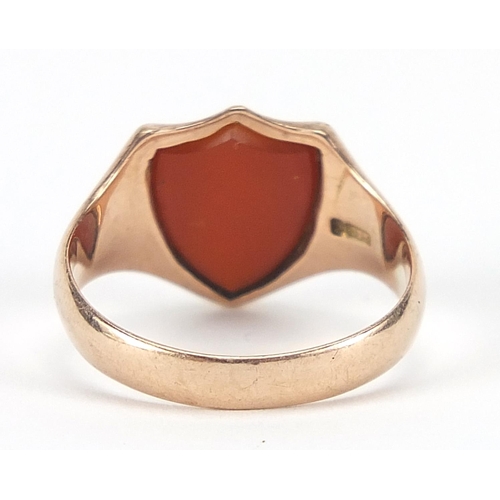 97 - Victorian 9ct gold and hardstone shield shaped signet ring, Chester 1897, size Q, 3.9g