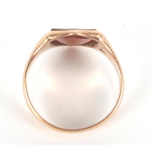 97 - Victorian 9ct gold and hardstone shield shaped signet ring, Chester 1897, size Q, 3.9g