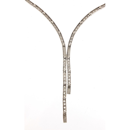 374 - 14ct white gold necklace set with clear stones, housed in an E W Payne fitted box, 40cm in length, 2... 