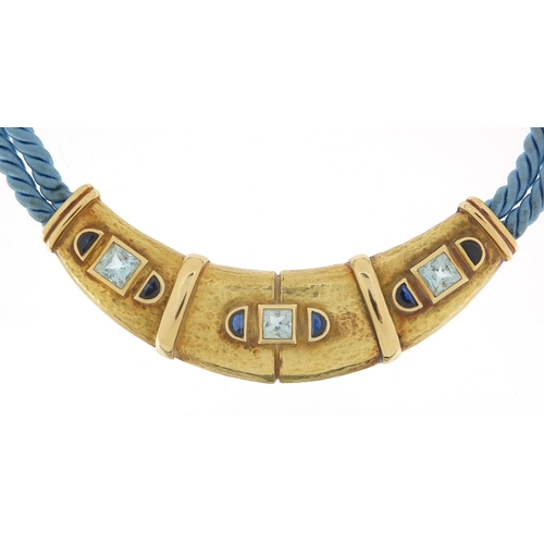 79 - Scortecci, Italian unmarked gold and rope aquamarine and sapphire necklace, housed in a Scortecci Ro... 