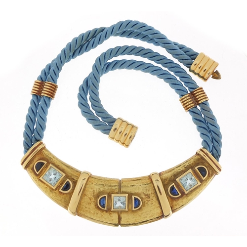 79 - Scortecci, Italian unmarked gold and rope aquamarine and sapphire necklace, housed in a Scortecci Ro... 