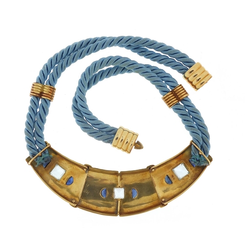 79 - Scortecci, Italian unmarked gold and rope aquamarine and sapphire necklace, housed in a Scortecci Ro... 