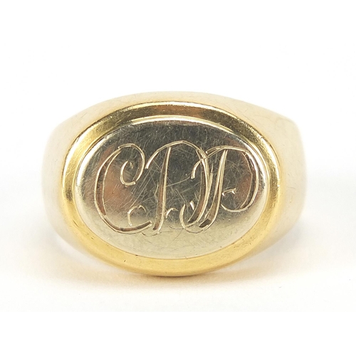 333 - Unmarked gold signet ring, (tests as 15ct+ gold) size Q, 6.8g