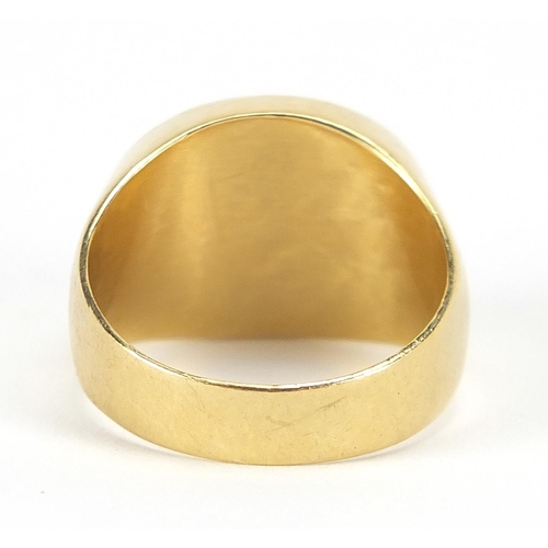 333 - Unmarked gold signet ring, (tests as 15ct+ gold) size Q, 6.8g